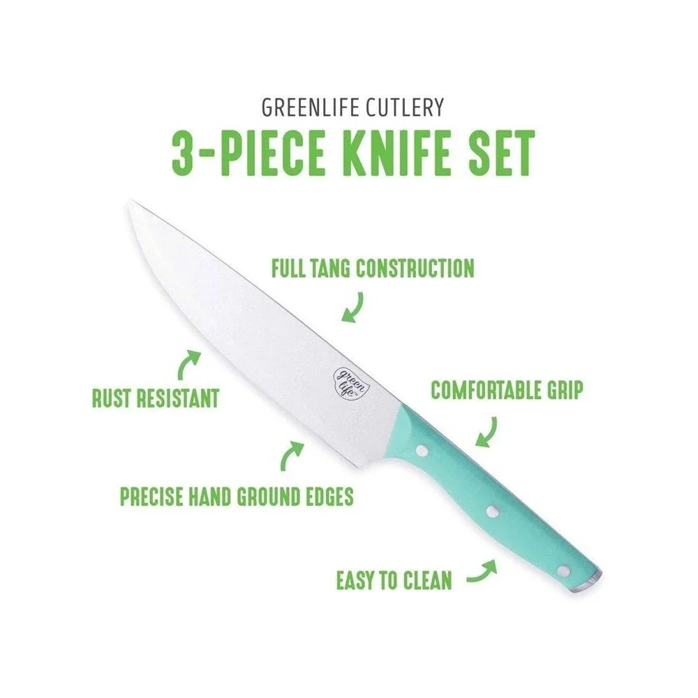 NEW GreenLife 3-Piece Knife Set - Chef Santoku Utility Paring Turquoise